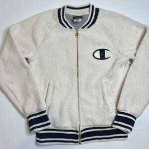 Champion‎ Womens Sherpa Fleece Varsity Bomber Zip Jacket Cream Navy Stripe XS